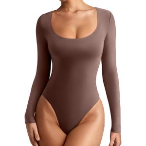 REORIA Women's Sexy Basic Scoop Neck Long Sleeve Double Lined Layering Slim Bodysuit Tops (Coffee, S)