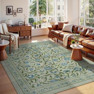 Collive 8x10 Area Rugs for Living Room, Green Washable Boho Floral Rug for Bedroom Vintage Soft Dining Room Carpets, Large Modern Indoor Mat Non Slip Ultra Thin Carpet for Kids Playroom