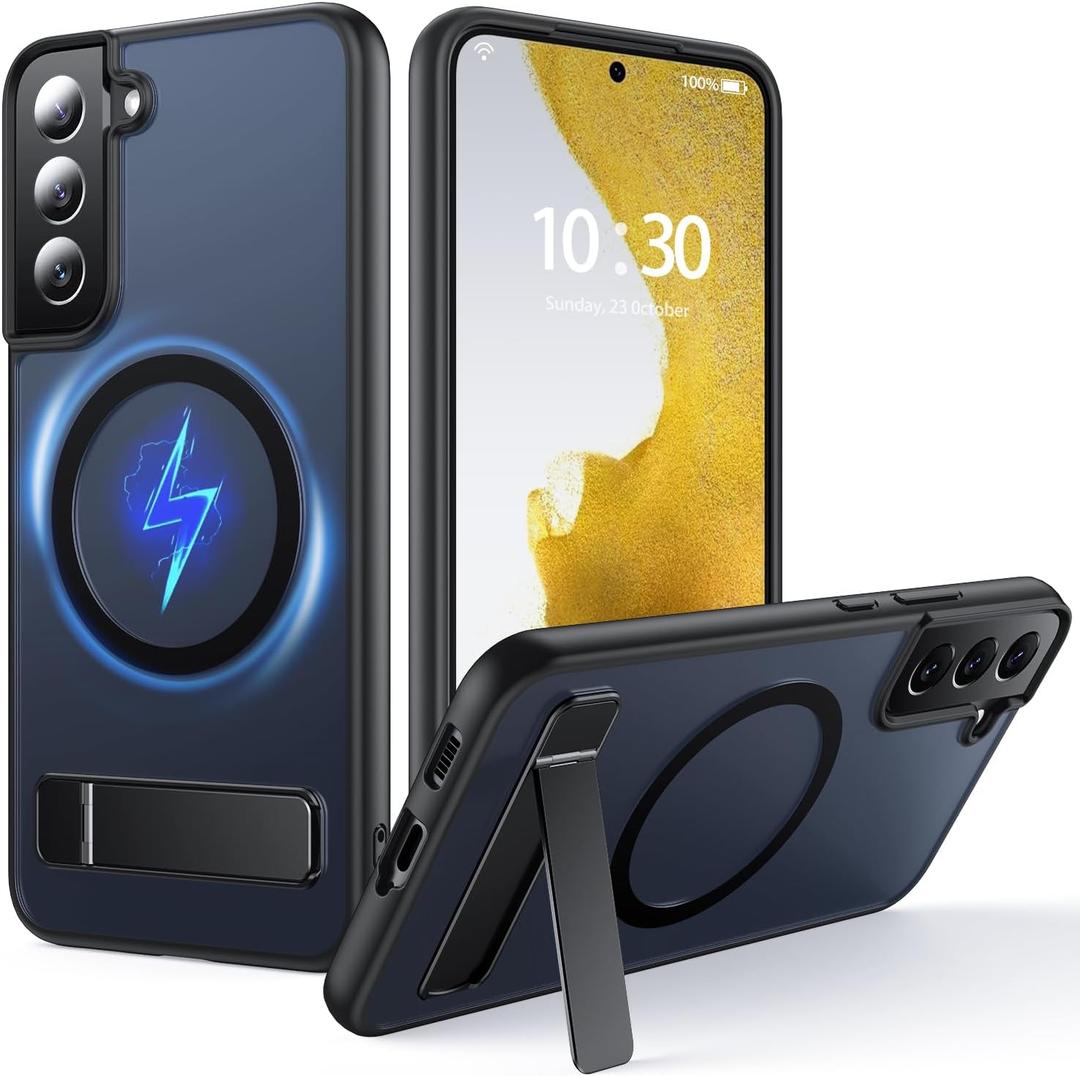 for Samsung Galaxy S22 Plus Case with MagSafe [Adjustable Kickstand] [Charge While Standing] [Military Shockproof] Translucent Matte Soft Silicone Bumper for S22 Plus Phone Case Slim, Black