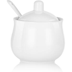 Ceramic Sugar Bowl with Lid and Spoon, White Porcelain Sugar Salt Pepper Storage Jar, 8 Ounces