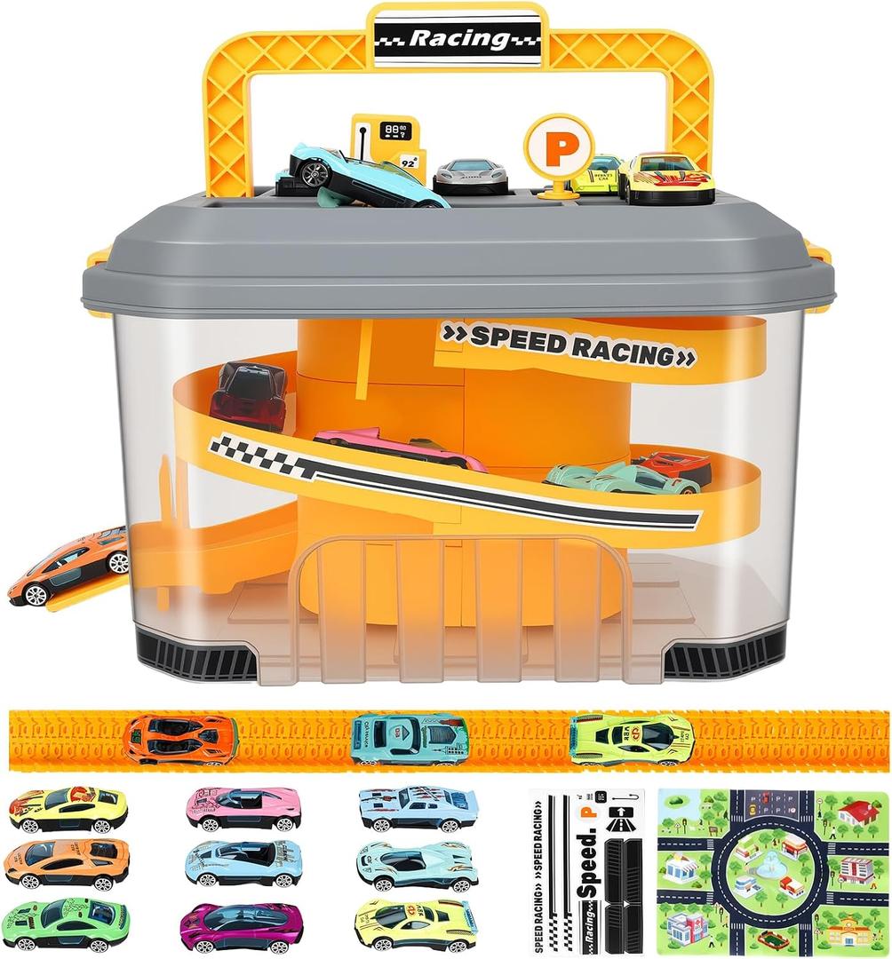 Toy Car Track Storage Playset - Toddler Toys for Ages 2-4, Car Track Set Including 12 Diecast Cars, PlayMat, Race Tracks, Car Ramp, Kids Birthday Gift for 2 3 4 5 Year Old Boys, Medium to Large