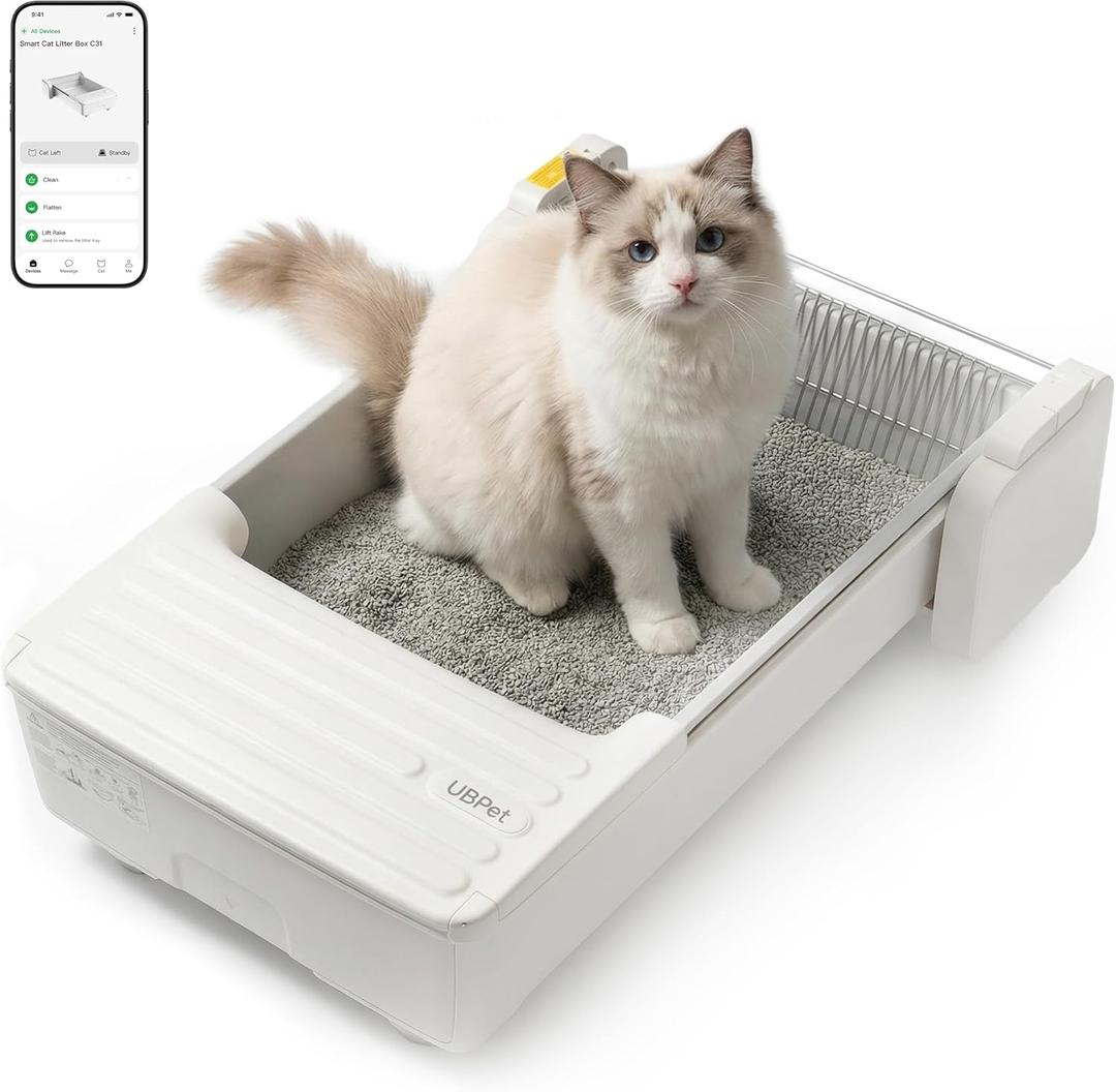 UBPET Self Cleaning Cat Litter Box, Open-Top Automatic Litter Box for Multiple Cats, Weight Sensors Safety Protection, Smart APP Control, Odor-Free Waste Disposal, Works with Bentonite Mineral Litter