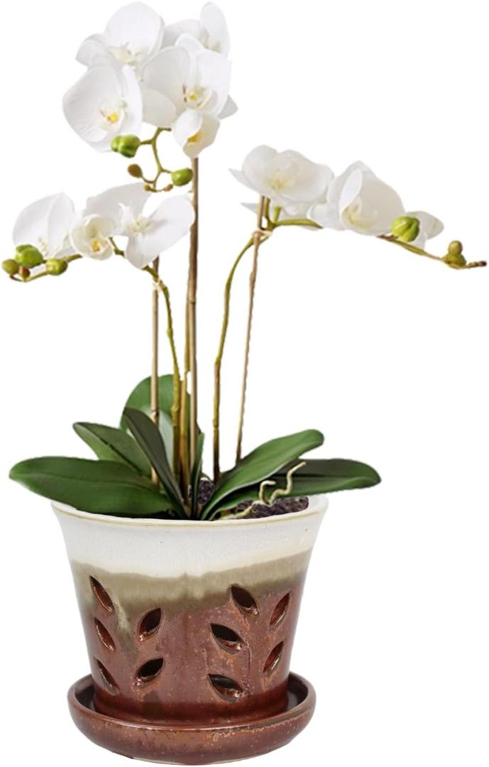 Vensovo 5.5 Inch Ceramic Orchid Pot - Orchid Pot with Holes for Repotting, Ceramic Planter with Saucer for Indoor/Outdoor Plants, Brown