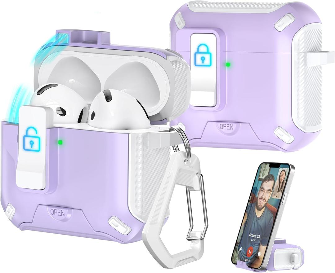 R-fun Compatible with AirPods 4th Generation 2024 Headphone Cases, Fully Drop Proof Auto Eject Protective Cover Design, New Charging Port Dust and Stand Design?White+Purple