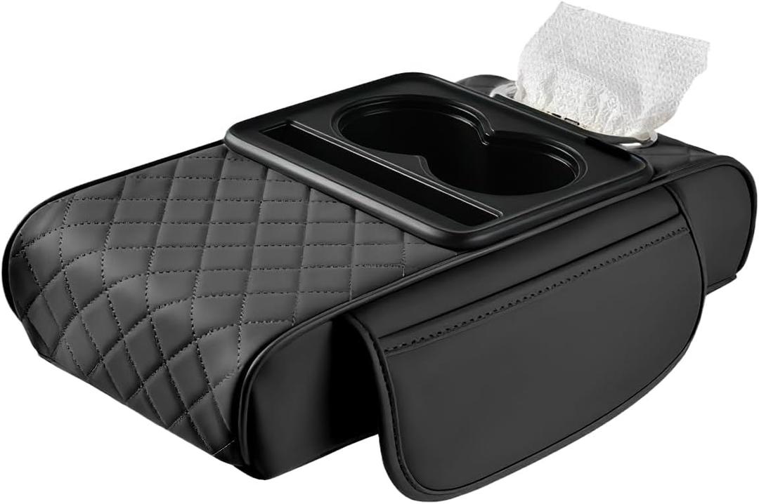 LEIWOOR 4-in-1 Multi-Functional Car Center Console Organizer - Leather Armrest Storage Box with Pillow Cushion & Protective Cover, Universal Interior Accessories (Black, Large)
