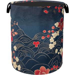 Japanese Cherry Blossom Laundry Basket, Blue Large Clothes Hamper Bag with Handles, Space Saving Foldable Design for Nursery