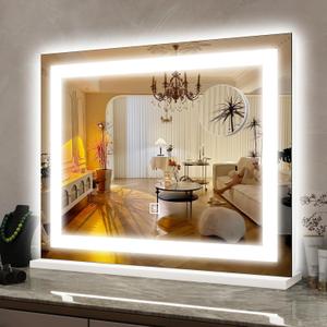 ROLOVE Lighted Vanity Mirror with Lights, LED Makeup Mirror with 3 Color Modes, Touch Dimming, Wall Mountable & Tabletop, Dressing Room Mirror with 10X Magnification, 22x19 Inch, White