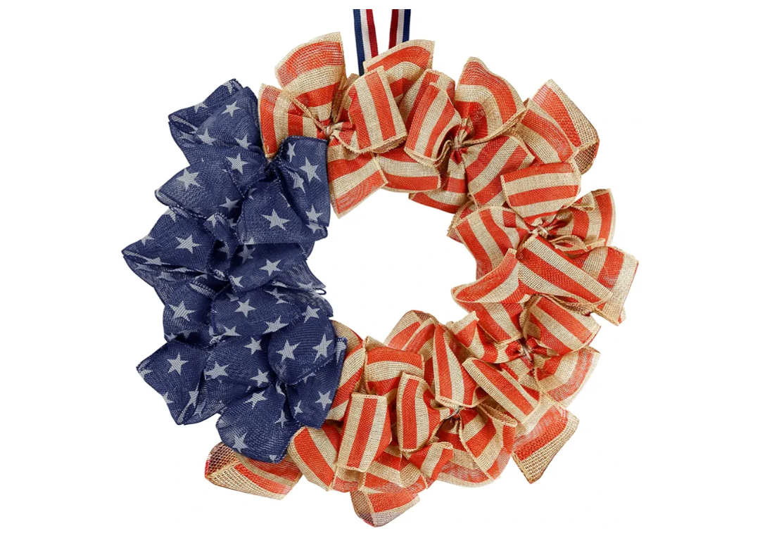 Sggvecsy 18Inch 4th of July Patriotic Day Wreath for Front Door America Patriotic Flag Burlap Summer Patriotic Decorations with Red Stripe Blue Star for Independence Day Memorial Day Veterans Day