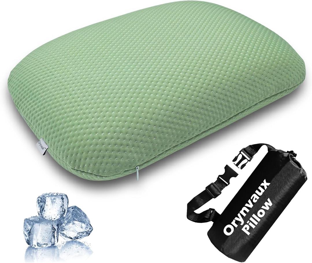 Cooling Camping Pillow, Memory Foam Travel Pillow with Adjustable Buckle Strap & Storage Bag, Compact Small Pillow for Airplane, Car Lumbar, Office, Washable Cooling Cover, Canopy Green