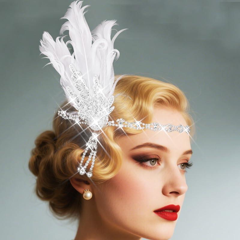 Feather Headbands Black 1920s Fascinator Hairbands Vintage 20s Hair Accessories for Women (White)