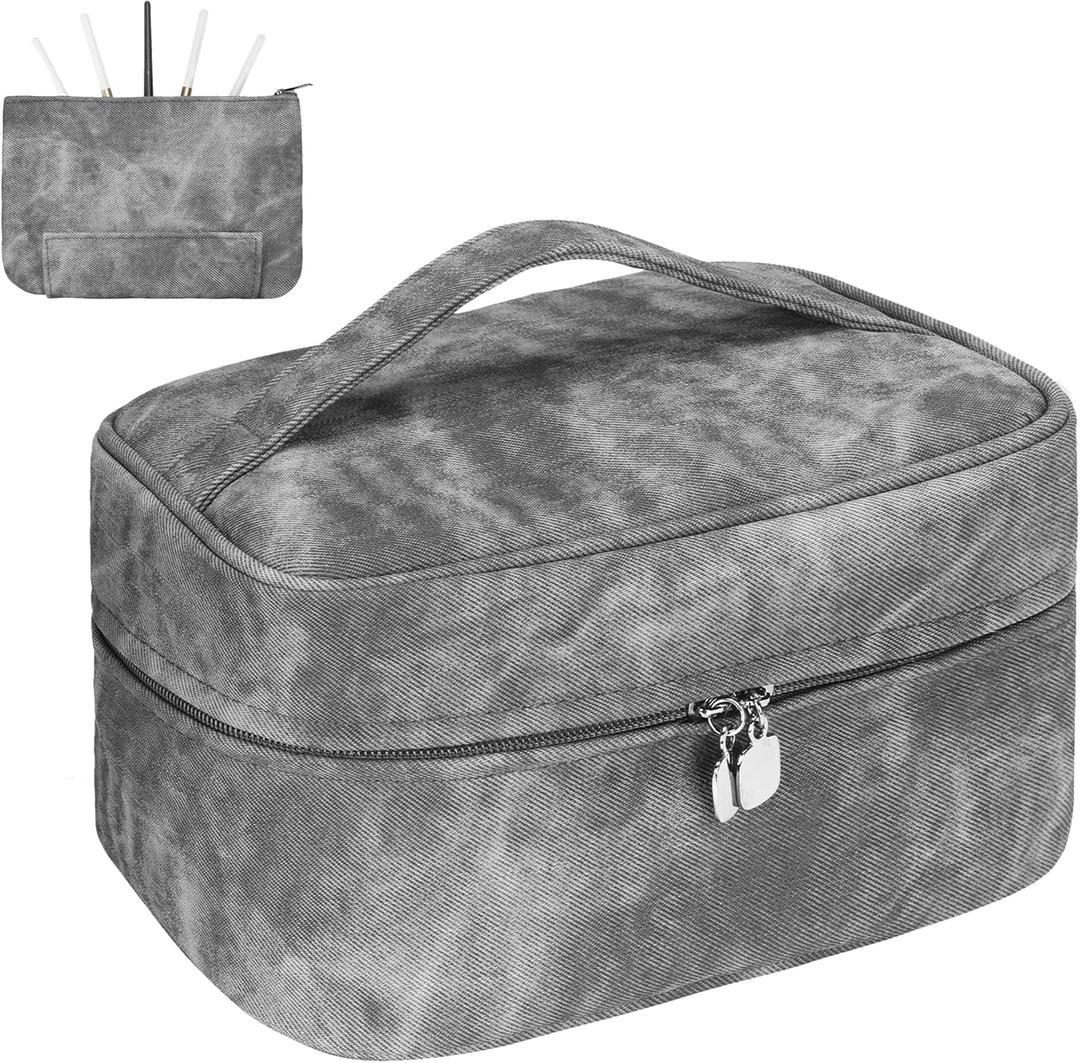 Makeup Bag, Portable Cosmetic Bag, Large Capacity Travel Makeup Case Organizer,Stylish Denim-Look Toiletry Bag for Women Girls With Handle and Removable Pouch (Grey)