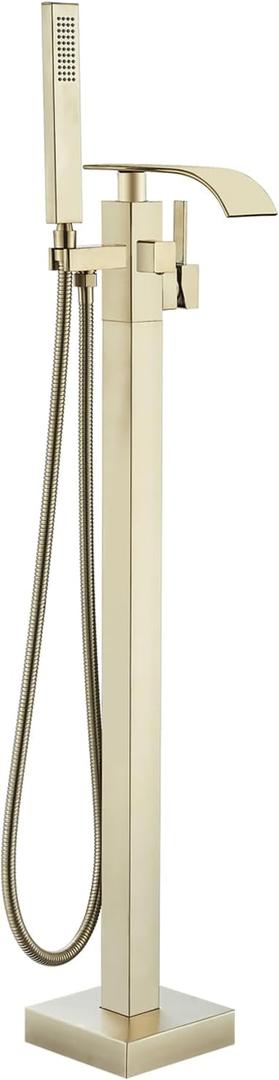 Senlesen Freestanding Bathtub Faucets Floor Mounted Tub Filler Faucet with Handshower Brushed Gold