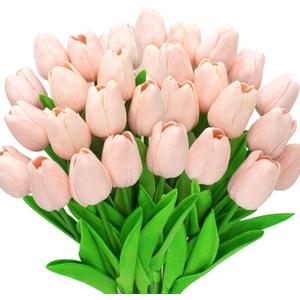 28pcs Light Pink Flowers Artificial Tulip Stems Real Feel PU Tulips for Easter Spring Wreath Wedding Bouquet Centerpiece Floral Arrangement Cemetery Table Décor 13" Tall