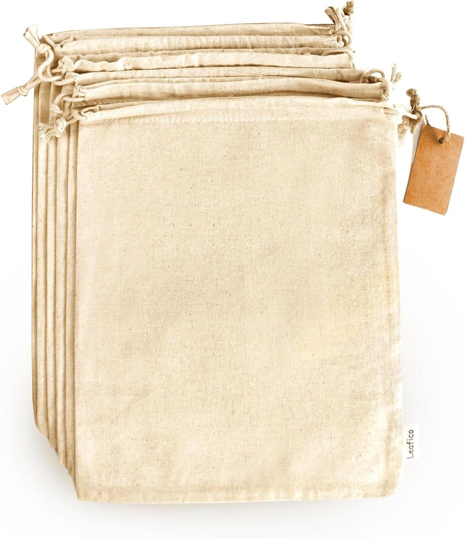 LEAFICO Cotton Storage Bags  X-Large 14x17 Inch (6-Pack)  Reusable Muslin Bags with Drawstrings  Biodegradable Canvas Fabric Sacks  Perfect for Bread, Bulk Produce, Potatoes, Onions, Shoes
