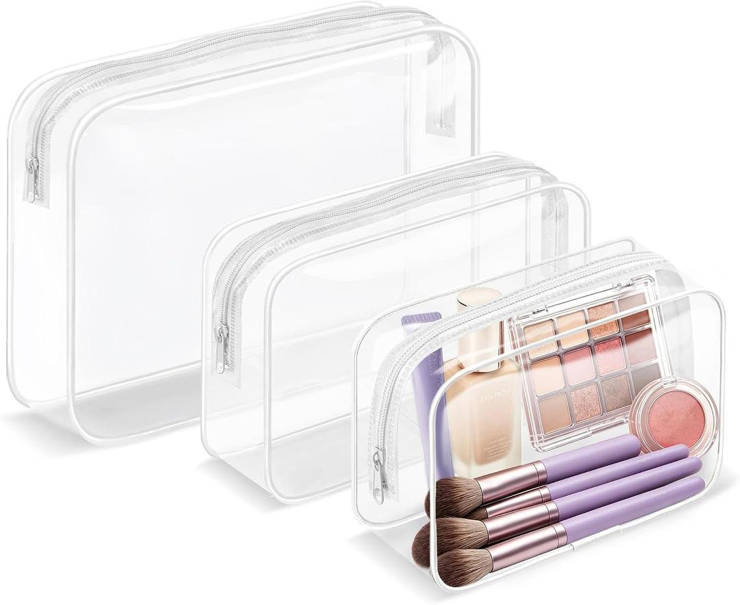 3 Pack Clear Makeup Bags, Waterproof Toiletry Bag with Zipper, Transparent Travel Cosmetic Bag, TSA Approved Clear Organizer Bags, PVC Cosmetic Pouch Case for Vacation Airport Airline Compliant