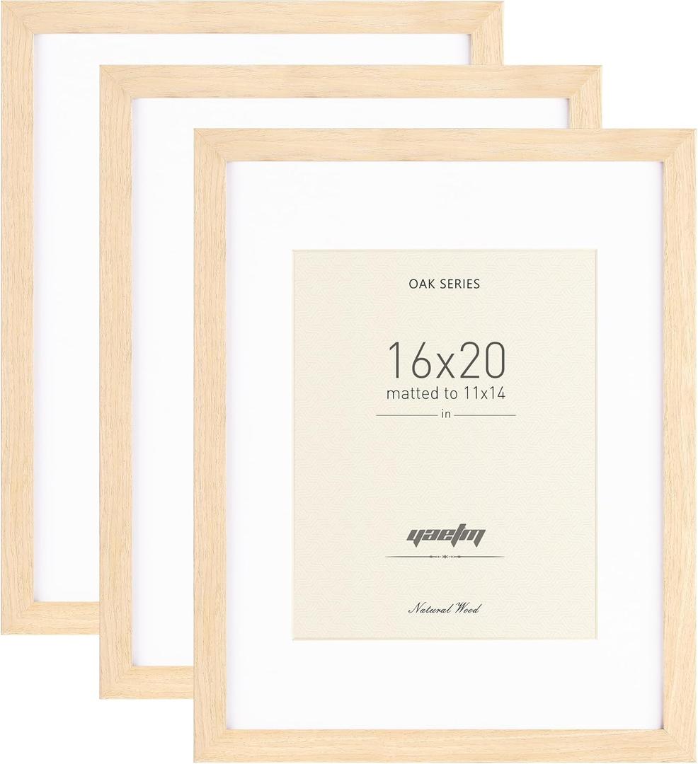 Yaetm Oak Wood 16x20 Frame with Mat for 11x14 Set of 3, Natural Solid Wood 16x20 Picture Frame, Wide Molding, Wall Decor for Office, Gallery & Home (3 pack, Oak)