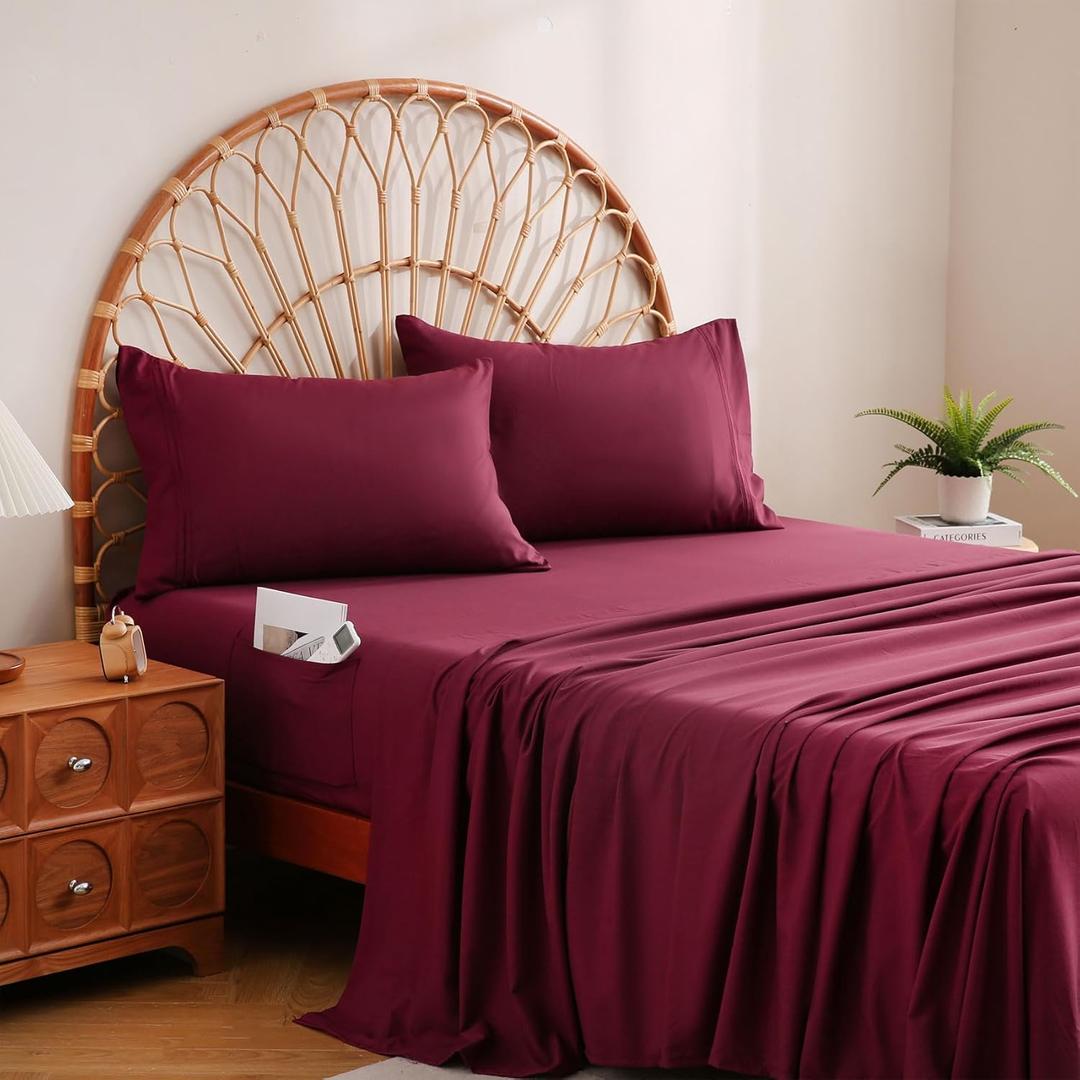 JSD Burgundy Full Sheet Set with Side Pocket Corner Straps, 4 Piece Soft Microfiber Bed Sheets Extra Deep Pocket