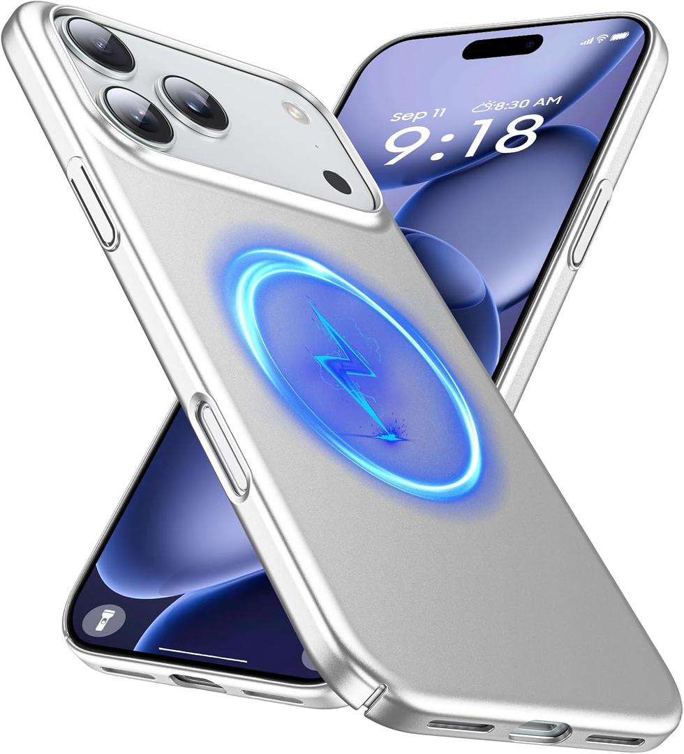 GRECAZO Magnetic Ultra Thin Frosted Designed for iPhone 17 Pro Phone Case 6.3 inch(2025) Slim Minimalist Lightweight Matte Hard PC Compatible with MagSafe Cover Protective Bumper Case, Silvery