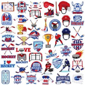 Tigeen 48 Pcs Hockey Iron on Patches Sports Ball Embroidery Applique Hockey Party Sewing Patches for Clothing, Jackets, Jeans, Bags, Dress, Hats DIY Applique Emblem Accessory