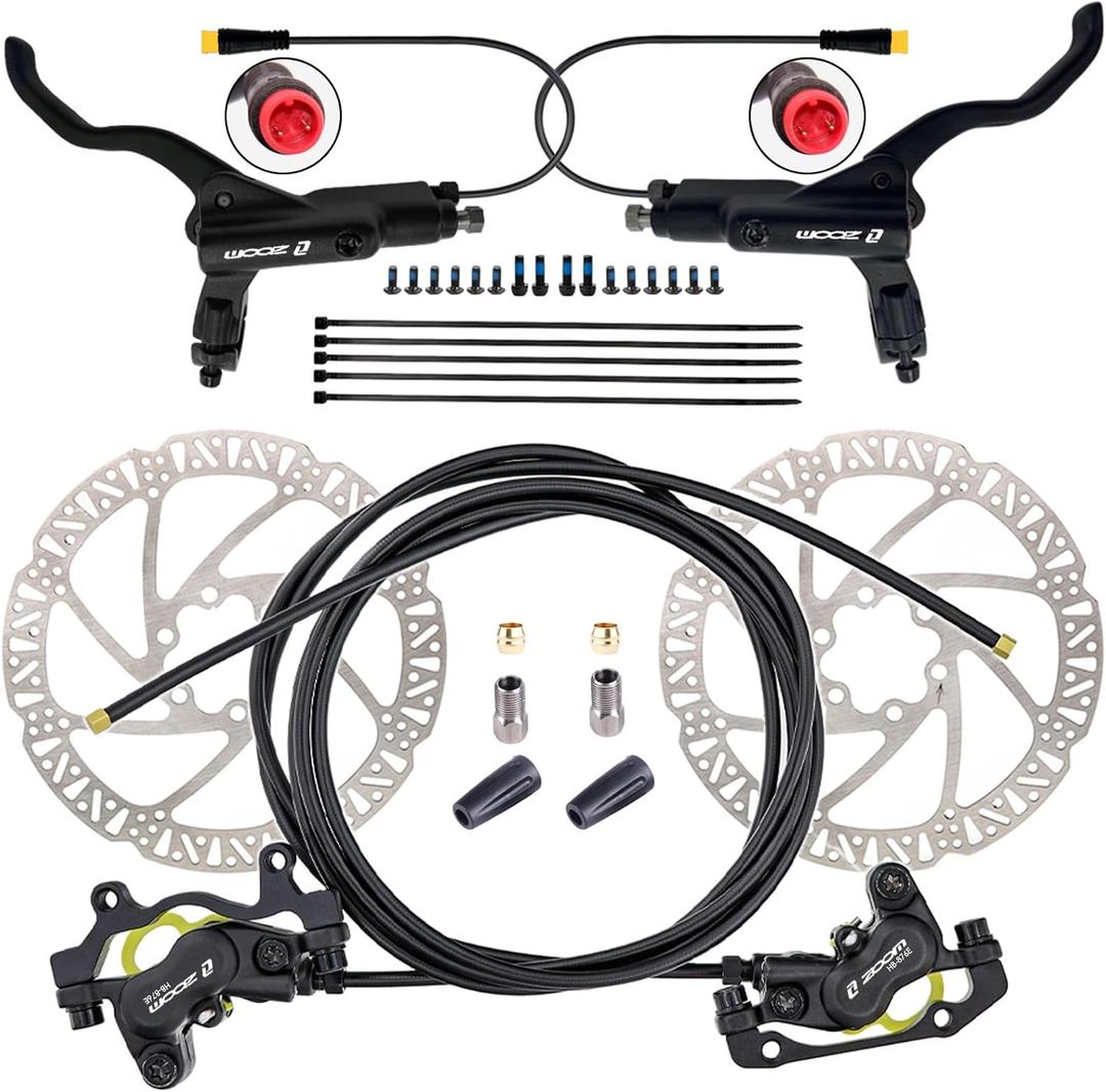 Zoom HB876E 2-PIN/3-PIN 4-Pistons E-Bike Electric Power-Off Hydraulic Brake Set with 180mm Rotors, Pre-Bled Hydraulic Disc Brake Caliper Lever for eBike (Included Mounting Adapter)