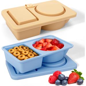AIERSA Reusable Snack Containers with Lids, 2 Pack Silicone Double/2 Compartment Snack Box Container, Divided Grab and Go Snack Container for Take-out Condiments, Sauce