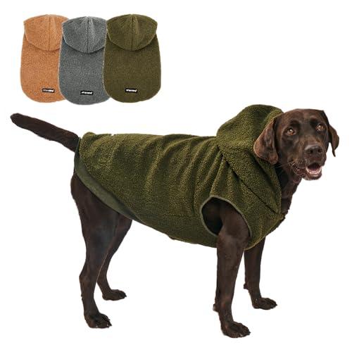 Tuff Pupper Fleece Dog Hoodie Sweater | Teddy Sherpa Outer & Soft Polar Fleece Lining | Adjustable Fit Winter Coat with Hood, Leash Hole, Ribbed Cuffs |  (Olive, XL)