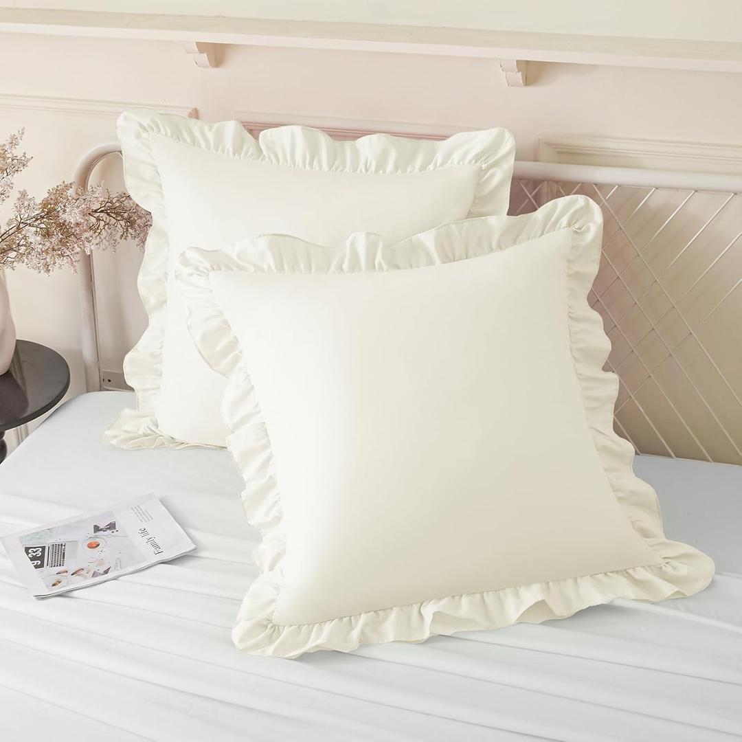 KKJIAF Ruffle Pillow Cases 18x18 Inches, Beige Square Ruffled Pillow Covers Set of 2, Microfiber Wrinkle Resistant Pillow Shams with Envelope Closure for Sofa Bed Living Room