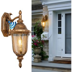 Dusk to Dawn Sensor Outdoor Light Fixtures 18.6" Gold Waterproof Wall Mount Lantern Exterior Sconce Porch Lights with Cracked Glass for Yard Front Door Garage Doorway Balcony Patio