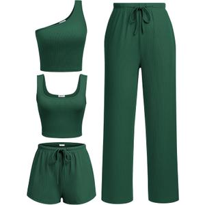 Ekouaer Womens 4 Piece Lounge Sets Ribbed Knit Crop Tank Top and Shorts Pants Casual Outfits (XX-Large, Bright Green)
