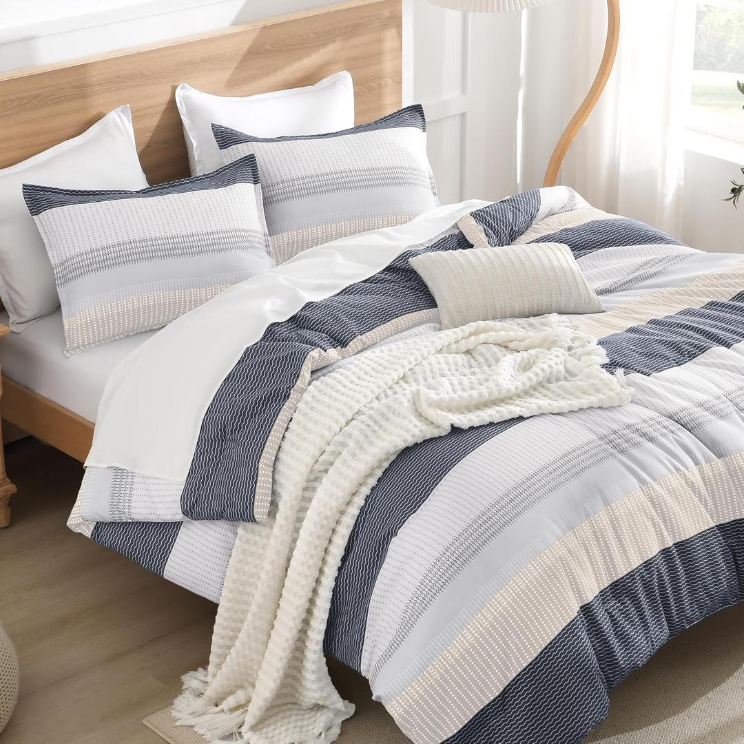 Litanika Comforter Set Queen Size Blue Yellow - 3 Pieces Lightweight Blue Yellow White Colorblock Stripe Fluffy Bedding Comforter Sets, All Season Bed Set