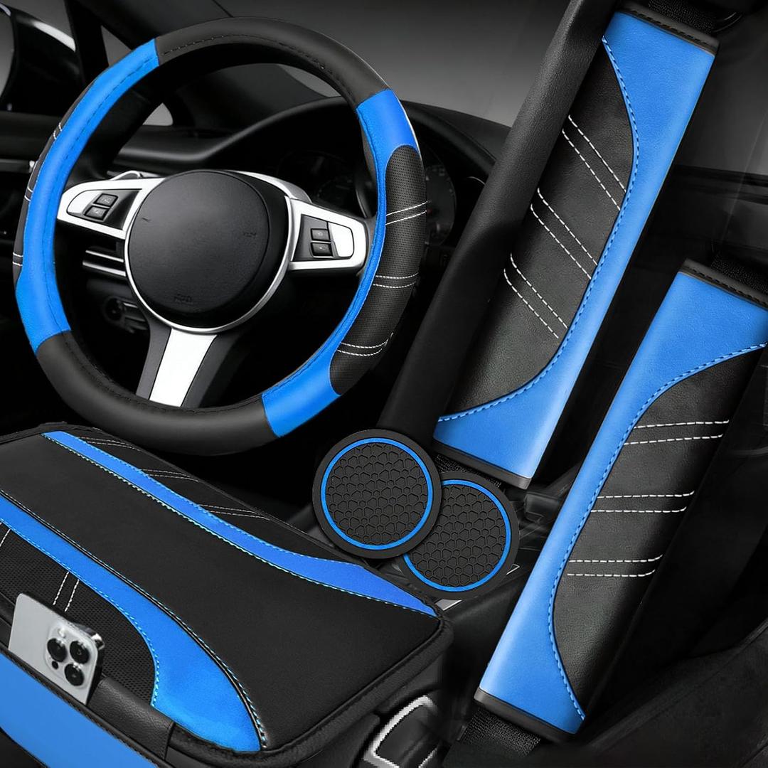 NBTEPEM 6 Pcs Blue Car Accessories Set, Sport Leather Steering Wheel Cover 14.5-15inch Universal, Microfiber Leather Car Center Console Cover, Seat Belt Cushion, Cup Holder Coaster (Black-Blue)