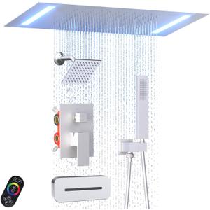 Enga Luxury Bathtub Shower System, Ceiling Mount 14x20 Inch LED Shower Head with 6 Inch Shower Head, Up/Down Waterfall Tub Spout Shower Faucet Set, Brushed Nickel