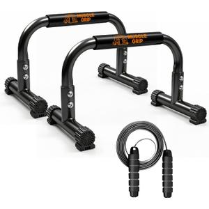 Push Up Bars Parallettes, 10 Heavy-Duty Steel Dip Bars with Non-Slip Foam Handles, Calisthenics Equipment for Handstands, L-Sit & Dips, Home Gym Workout Set with Jump Rope
