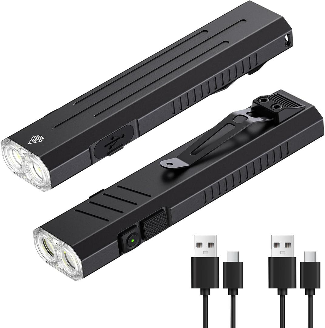 2pack Rechargeable EDC Flashlight - Emergency One Click Strobe Mode, 1600 High Lumens Portable Pocket light Mini Flashlight , Magnetic Small EDC Slim Flat Flashlight for Working Camping Repairing (2PCS)