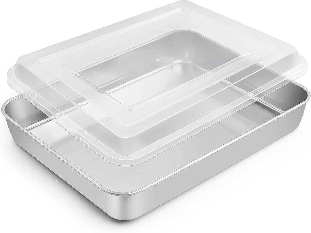TeamFar Rectangular Cake Pan with Lid, 10.5 Stainless Steel Small Lasagna Baking Roasting Brownie Pan, Non-toxic & Deep Side, Brushed Surface & Dishwasher Safe, 2 PCS