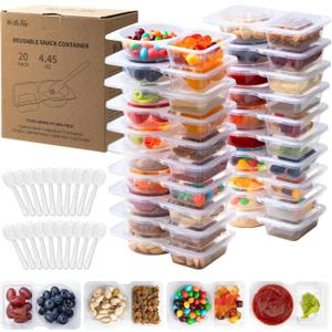 2 x 20 Sets Reusable Snack Containers with Lids & 20 Sporks  Double Compartment for Portion Control, BPA-Free Leak-Proof Dipping Containers for Meal Prep, Travel, and Outdoor Snacks (Clear)