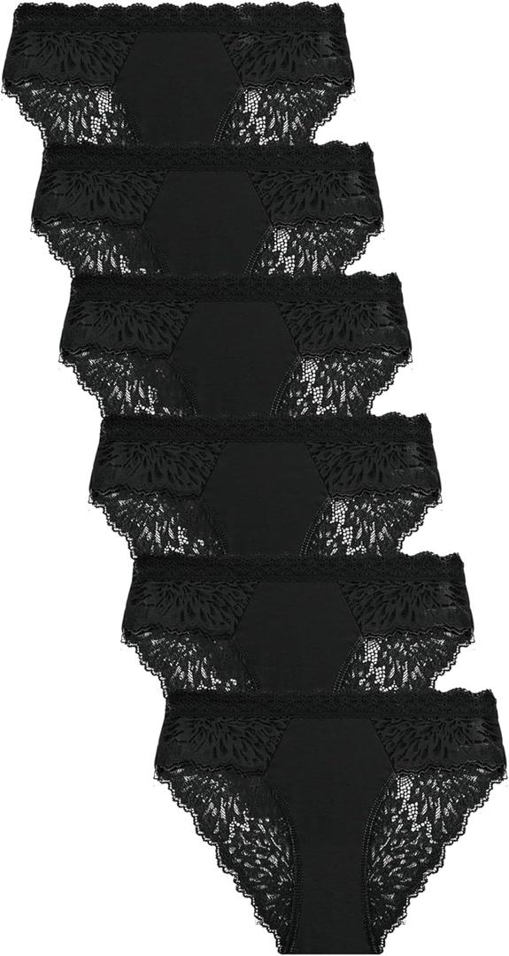 FINETOO 6 Pack Bikini Underwear for Women Sexy Lace Cheeky Panties Low Rise Hipster Cotton Panty (Large)