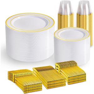 Gold Disposable Dinnerware Set for 100 Guests - 600PC BPA-Free Plastic Plates & Cutlery Kit with 100 Dinner Plates, Salad Plates, Forks, Knives, Spoons & Cups for Wedding, Party, Catering (Heavy-Duty)
