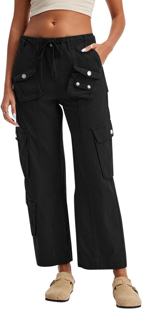Cargo Pants for Women Low Rise Drawstring Waist 7 Pockets Hiking Work Wide Leg Pants with Zipper Button Closure (Small, Black)
