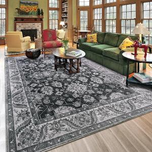 Area Rugs for Living Room, 6x9 Washable Area Rug for Bedroom, Retro Floral Non-Slip Carpet for Nursery Home Office Dining Room Kitchen, Grey