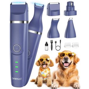 oneisall 4-in-1 Cordless Dog Grooming Kit with 2-Speed Clippers, Low Noise Paw Trimmer & Rechargeable Quiet Nail Grinder for Dogs and Cats Blue