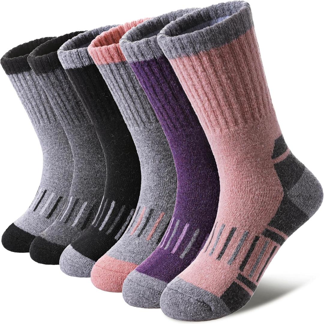 Kids Merino Wool Hiking Socks Boys Girls Toddlers Winter Warm Thick Thermal Cushion Crew Gift Socks 6 Pairs (8-12 Years)