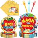 EUOYUFO 96 Pcs Back to School Decoration Disposable Tableware Set - Cartoon Back to School Apples Pencils Clock Paper Plates Napkins Forks First Day of School Theme Party Supplies Serve 24 Guests