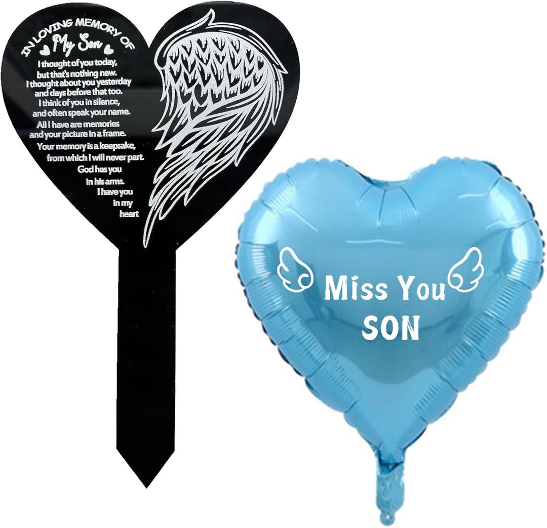 Heart Memorial Garden Stake, Cemetery Remembrance Plaque, Son Birthday Balloon Grave Marker, Outdoor Yard Decor Miss You Son Memorial Balloon Heart-Shaped