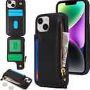 Cavor for iPhone 13 Case with Card Holder, for iPhone 14 Wallet Case for Women Men, Leather Magnetic Clasp Zipper Pocket Protective Phone Cover-Black