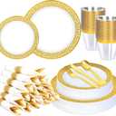 140Pcs Gold Plastic Dinnerware for 20 Guests,Gold Lace Disposable Plasticc Plates Including 20 Dinner&Dessert Plates,Cups,Golden Plastic Silverware for Party,Birthday,Wedding