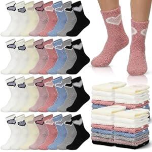 Funnysoft 32 Pairs 20/ 32 Pairs Fuzzy Socks Bulk for Women Crew Heart Slipper Socks (Bright Color)