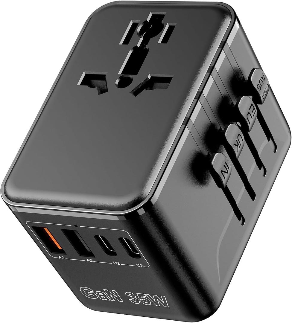 Universal Travel Adapter - 6 in 1 International Plug Adapter with Fuse Auto-Resetting, USB-C PD Fast Charging Worldwide Power Outlet for USA to European UK AUS India, Type C/G/D/I/A, Black