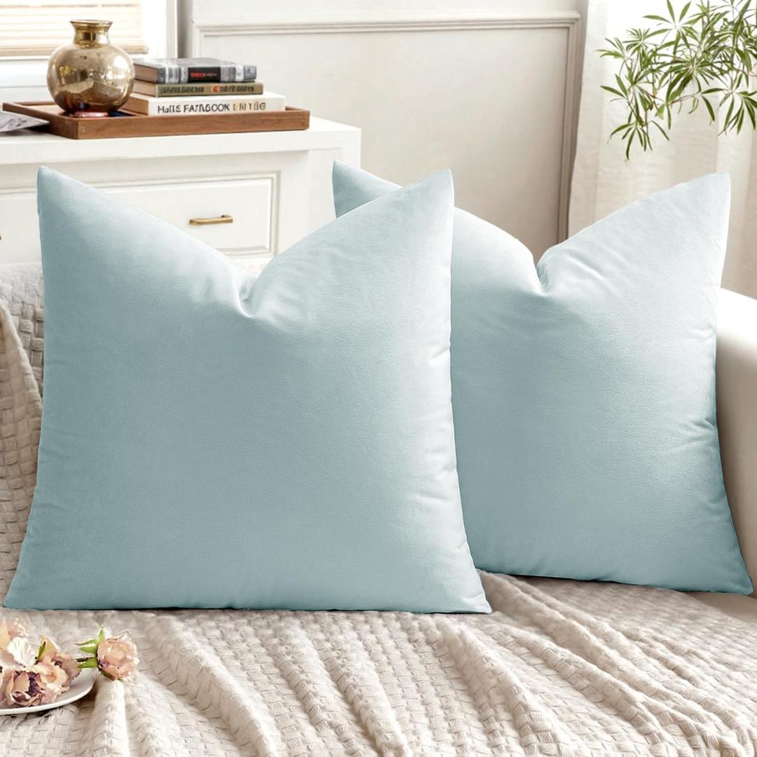 EMEMA Pack of 2 Velvet Pillow Covers Decorative Square Pillowcase Soft Solid Cushion Case for Sofa Bedroom Car 18x18 Inch Baby Blue