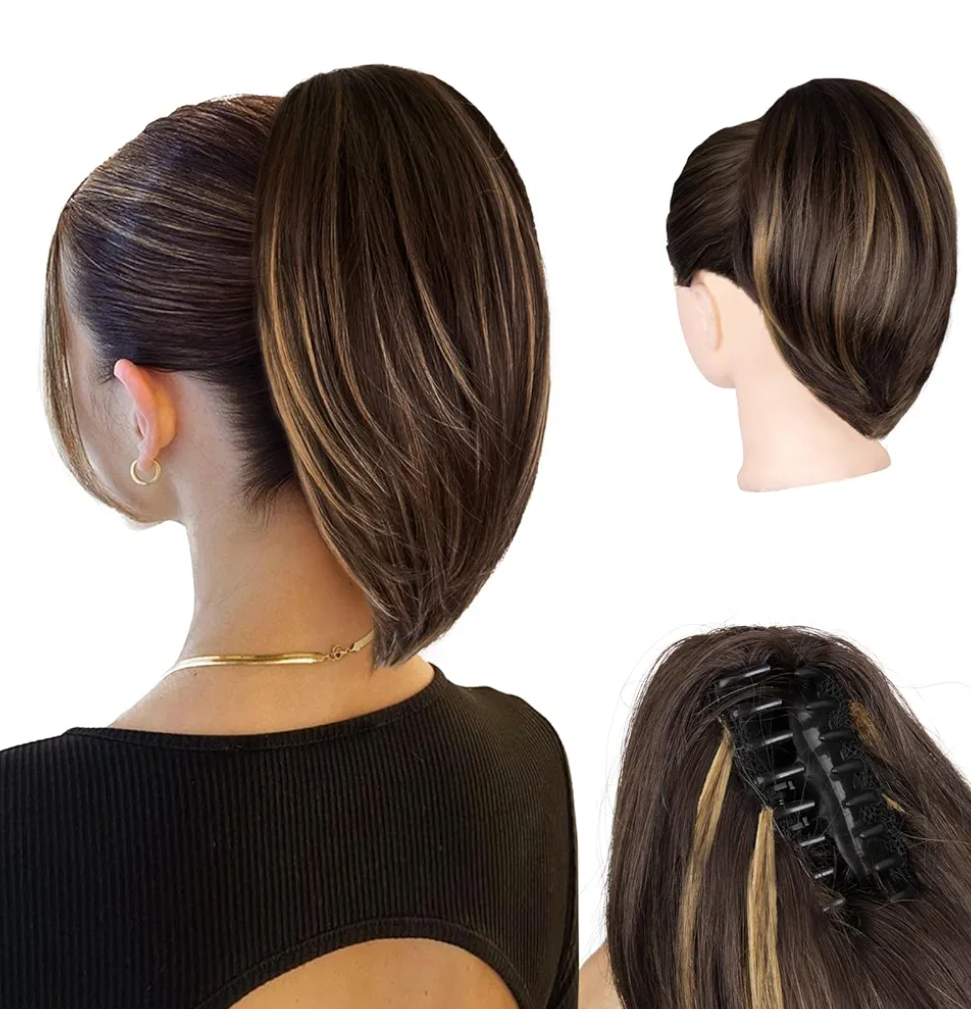 10 Inch Ponytail Extension - Straight Pony Tails Hair Extensions, Claw Clip Ponytail Extension, Synthetic Hair Extensions Ponytail, Clip in Ponytail (Color: Brown with Blonde Highlights)
